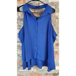 Material Girl Cold Shoulder Blue Button Front Shirt XL Knit Crochet Back